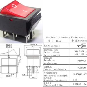 INTERRUPTOR ROCKER 250V 15A-ON-ON 6Pinos VERMELHO - Image 1