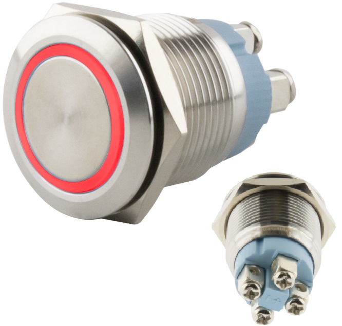 PULSADOR 230V/3A LED 9-24V 16mm OFF(ON) IP65 Impact Resistance: IK09/PARAFUSO
