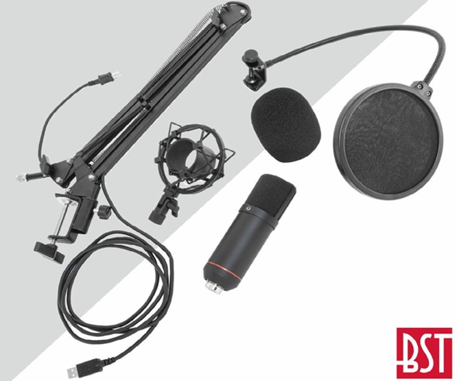 SUPORTE E MICROFONE Condensador Cardioide C/Proteção/Estúdio USB BST