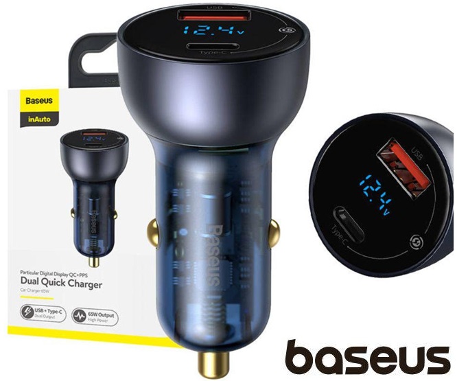 CARRGADOR Isqueiro C/ Display PPS USB-A/USB-C QC 65W BASEUS
