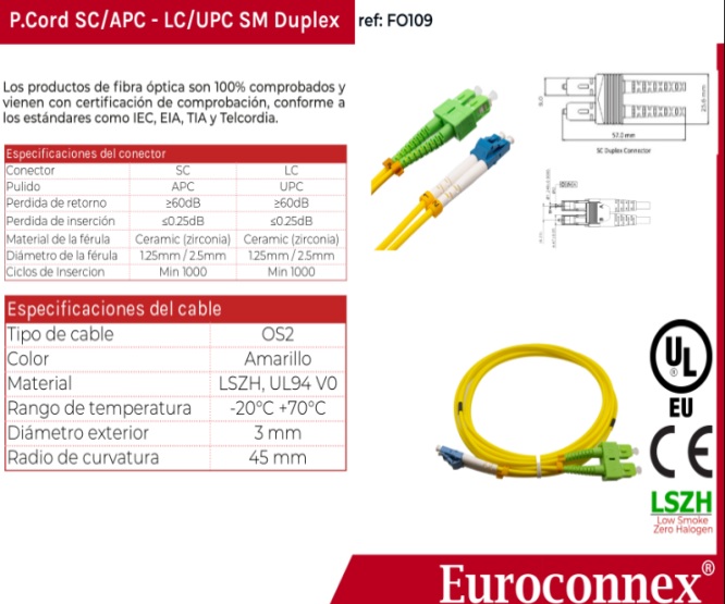 CABO Fibra Optica LC/UPC a SC/APC Monomodo Duplex, 1m