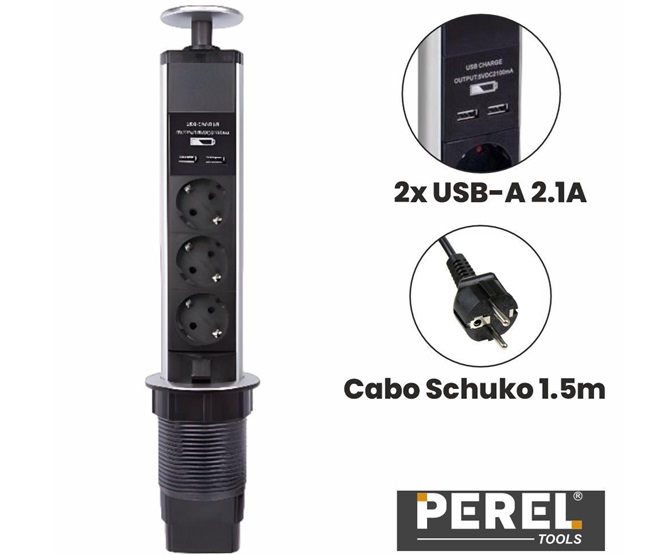 TOMADA Encastrar 3xSchuko 2xUSB P/Secretaria Preta