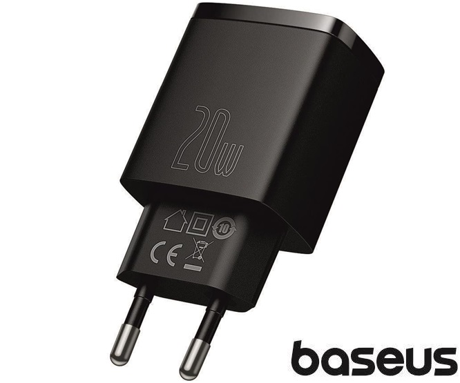 CARREGADOR 230V USB-A/USB-C PD 3.0 20W Preto BASEUS